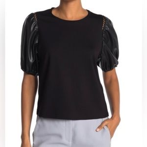 LAUNDRY by Sheli Segal Small Black Blouse Designer Vegan Leather Puff Sleeve